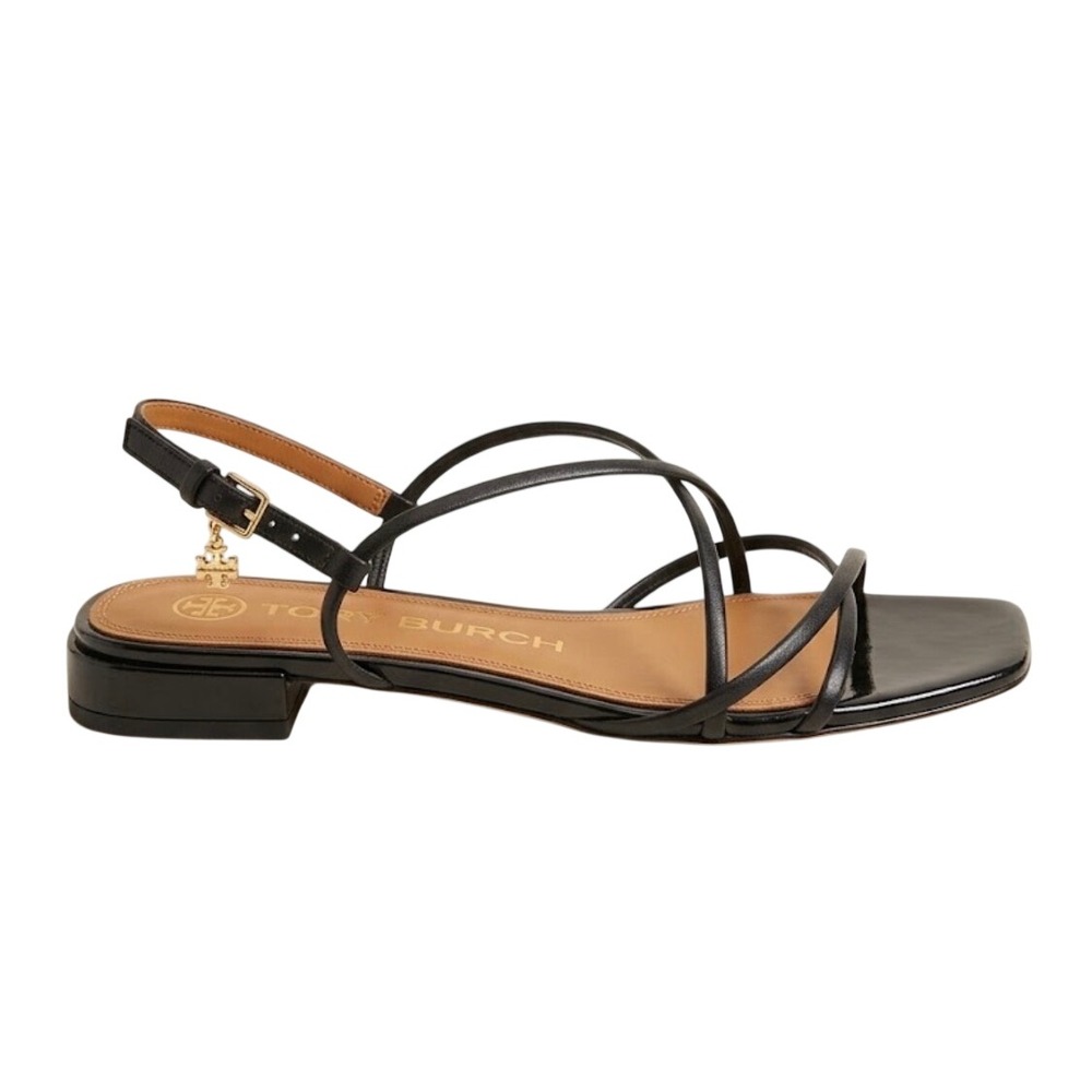 Tory Burch Black Leather Strappy Sandals Square Toe Logo Charm Flats Size 7.5M